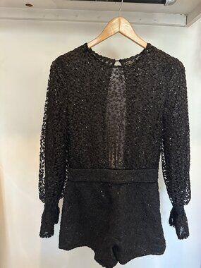 Maje Igloo Sequin Lace Long Sleeve Romper In Black Size 34 (XS)